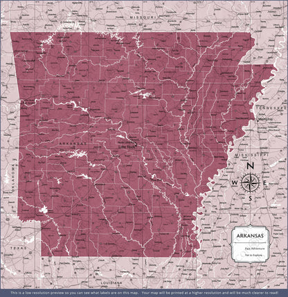 Arkansas Map Poster - Burgundy Color Splash CM Poster