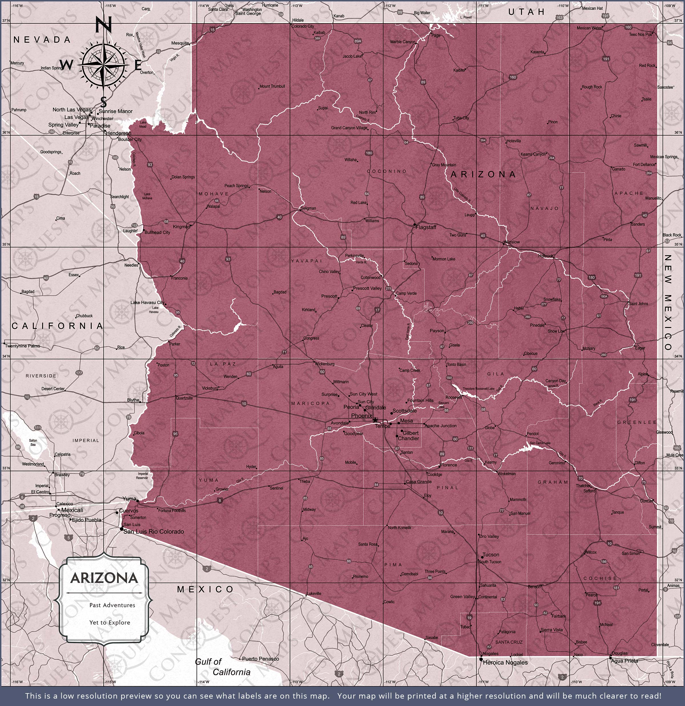 Push Pin Arizona Map (Pin Board) - Burgundy Color Splash CM Pin Board