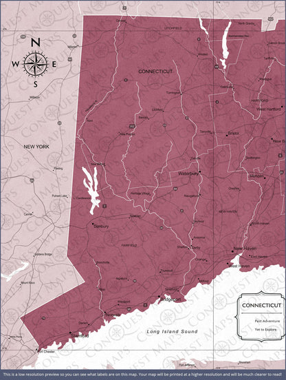 Push Pin Connecticut Map (Pin Board) - Burgundy Color Splash CM Pin Board