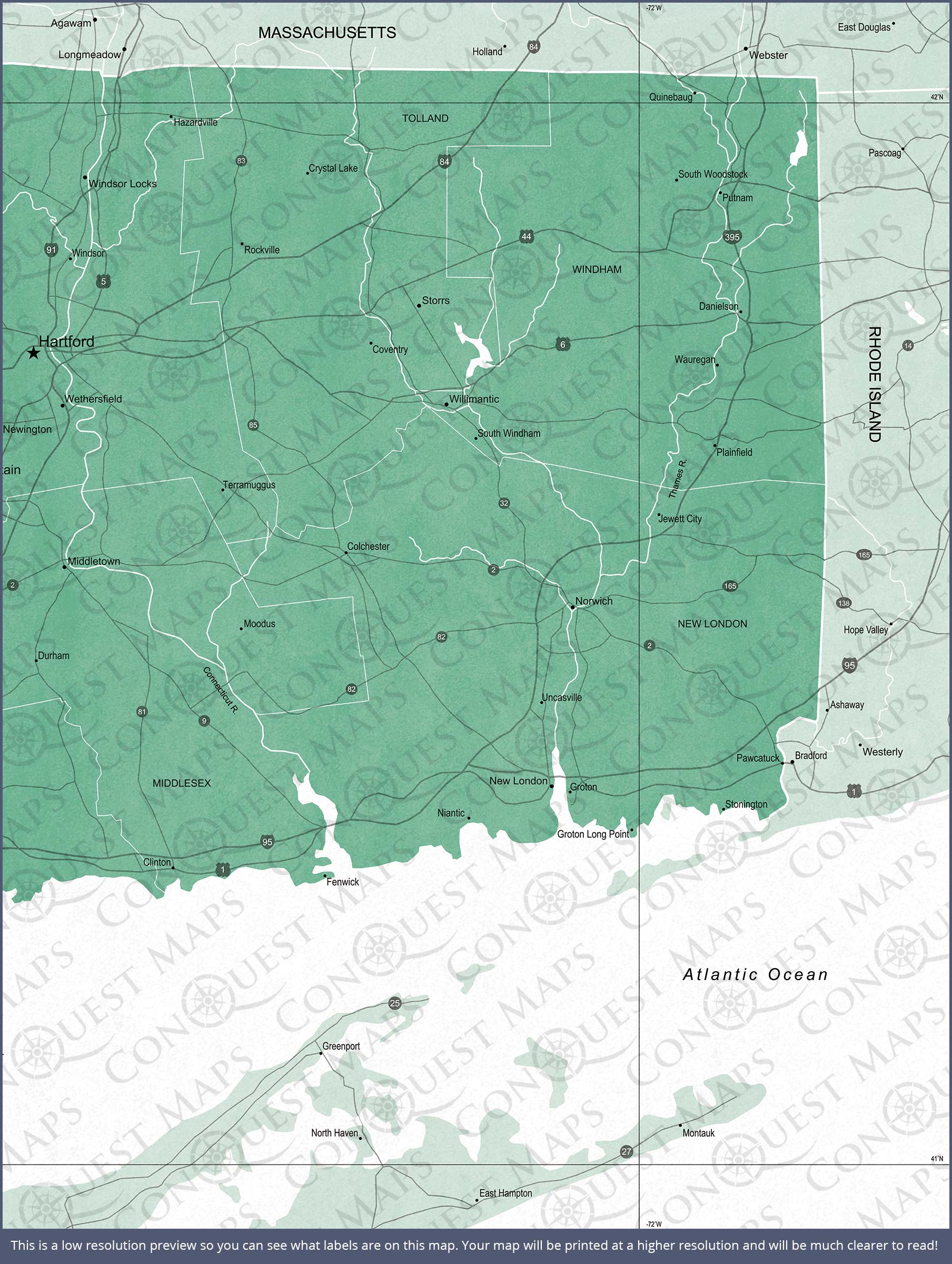 Connecticut Map Poster - Green Color Splash CM Poster