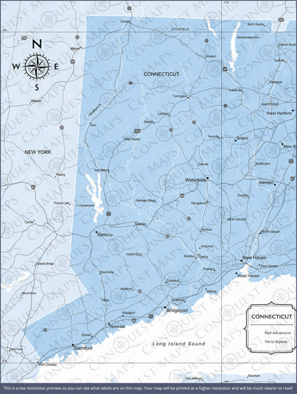 Connecticut Map Poster - Light Blue Color Splash CM Poster