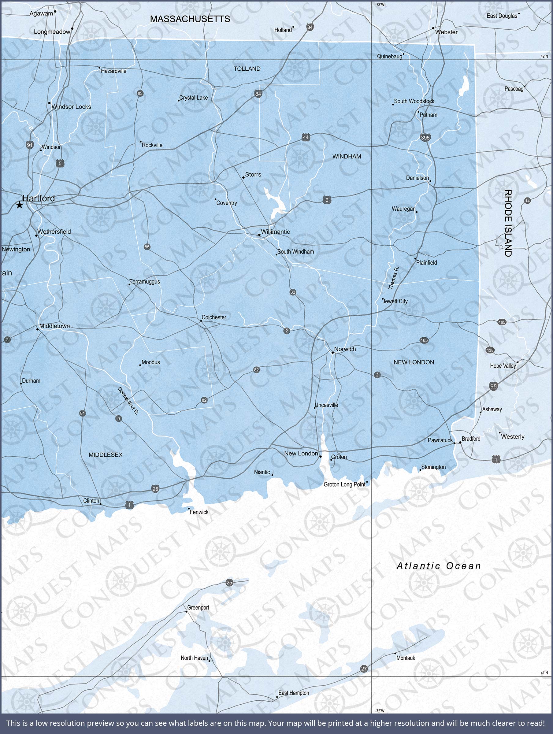 Push Pin Connecticut Map (Pin Board) - Light Blue Color Splash CM Pin Board