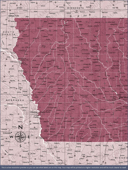 Iowa Map Poster - Burgundy Color Splash CM Poster