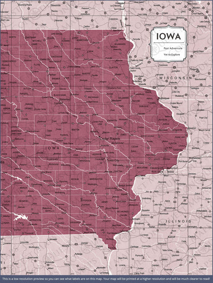 Iowa Map Poster - Burgundy Color Splash CM Poster