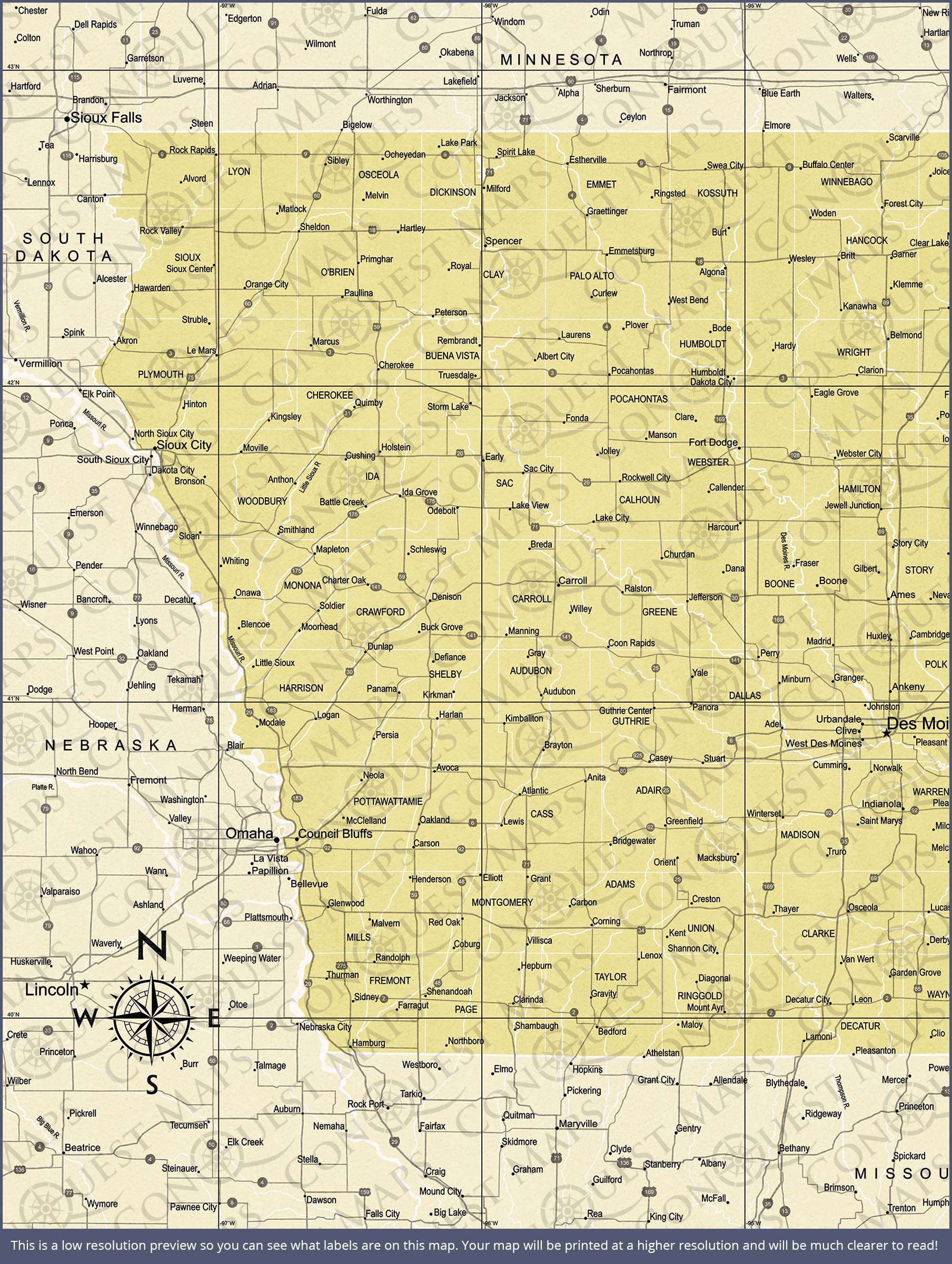 Iowa Map Poster - Yellow Color Splash CM Poster