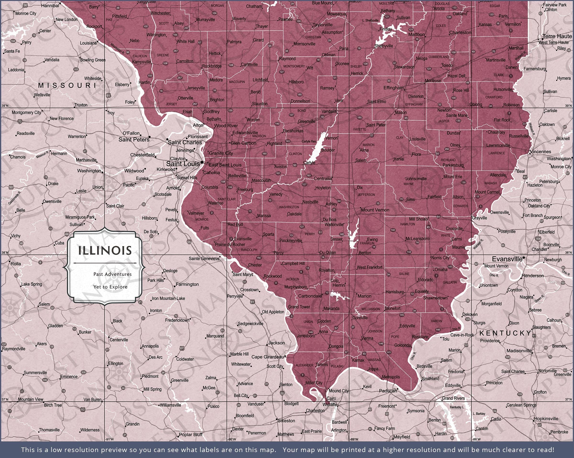 Illinois Map Poster - Burgundy Color Splash CM Poster