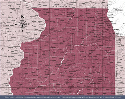 Illinois Map Poster - Burgundy Color Splash CM Poster