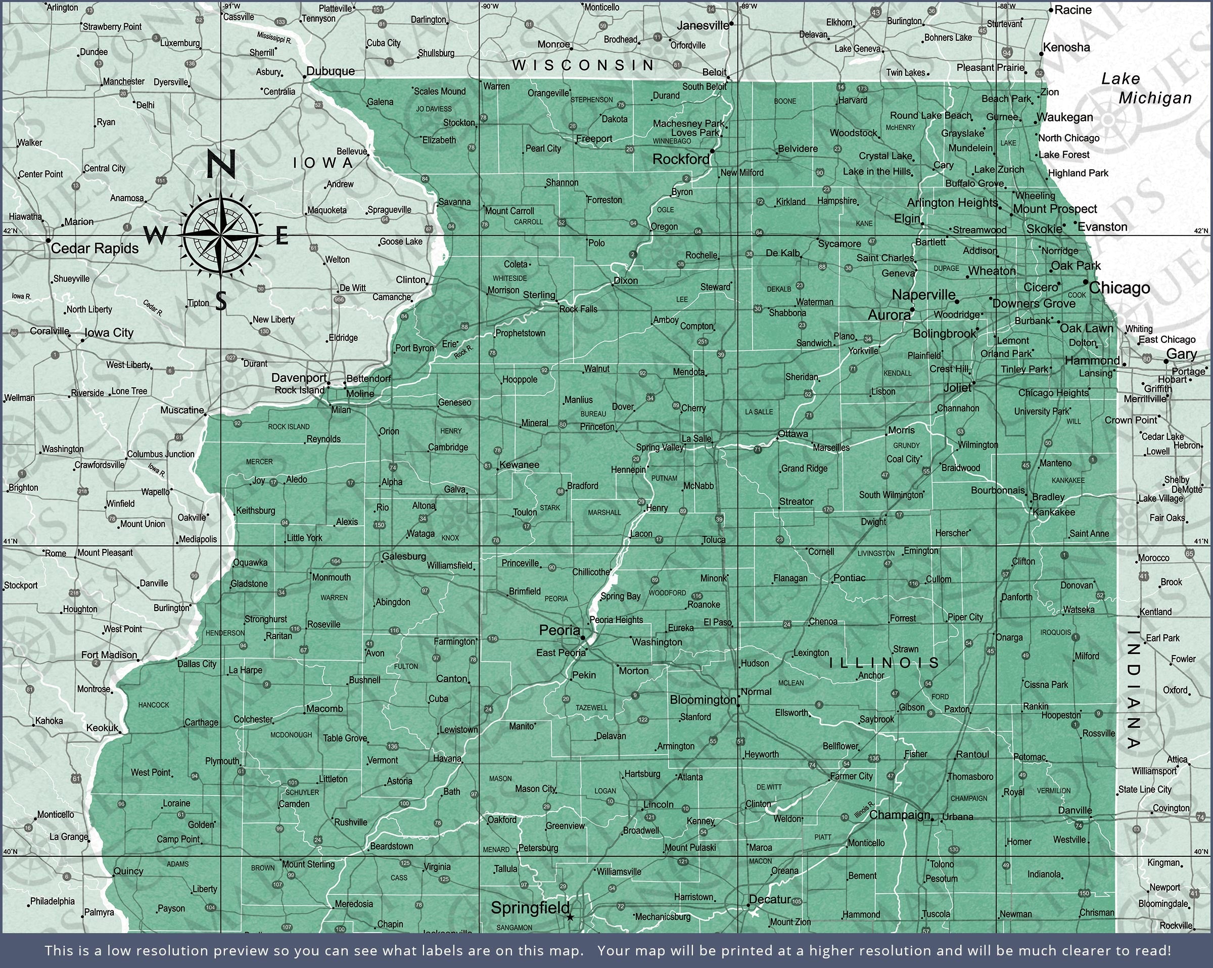 Push Pin Illinois Map (Pin Board) - Green Color Splash CM Pin Board