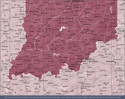 Indiana Map Poster - Burgundy Color Splash CM Poster