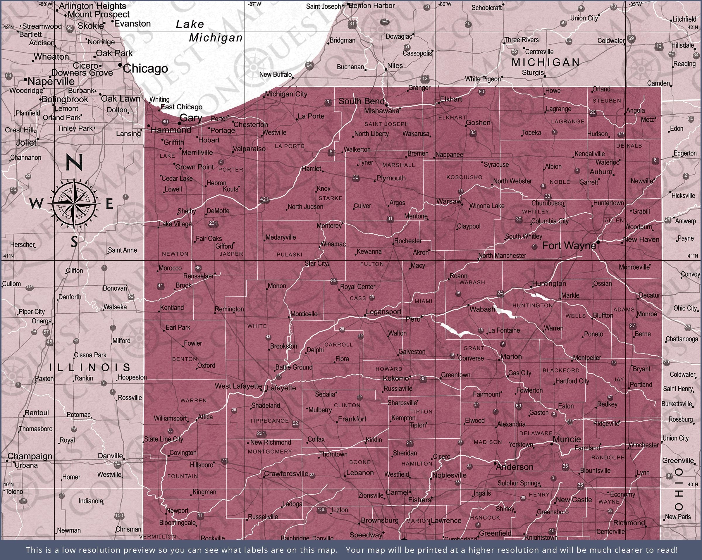 Push Pin Indiana Map (Pin Board) - Burgundy Color Splash CM Pin Board