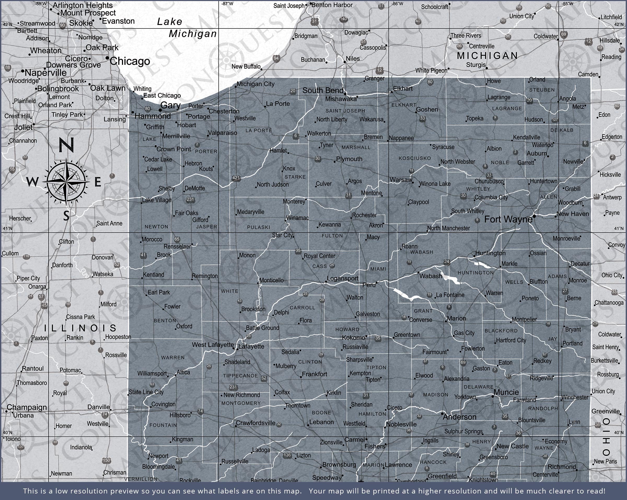 Indiana Map Poster - Dark Gray Color Splash CM Poster