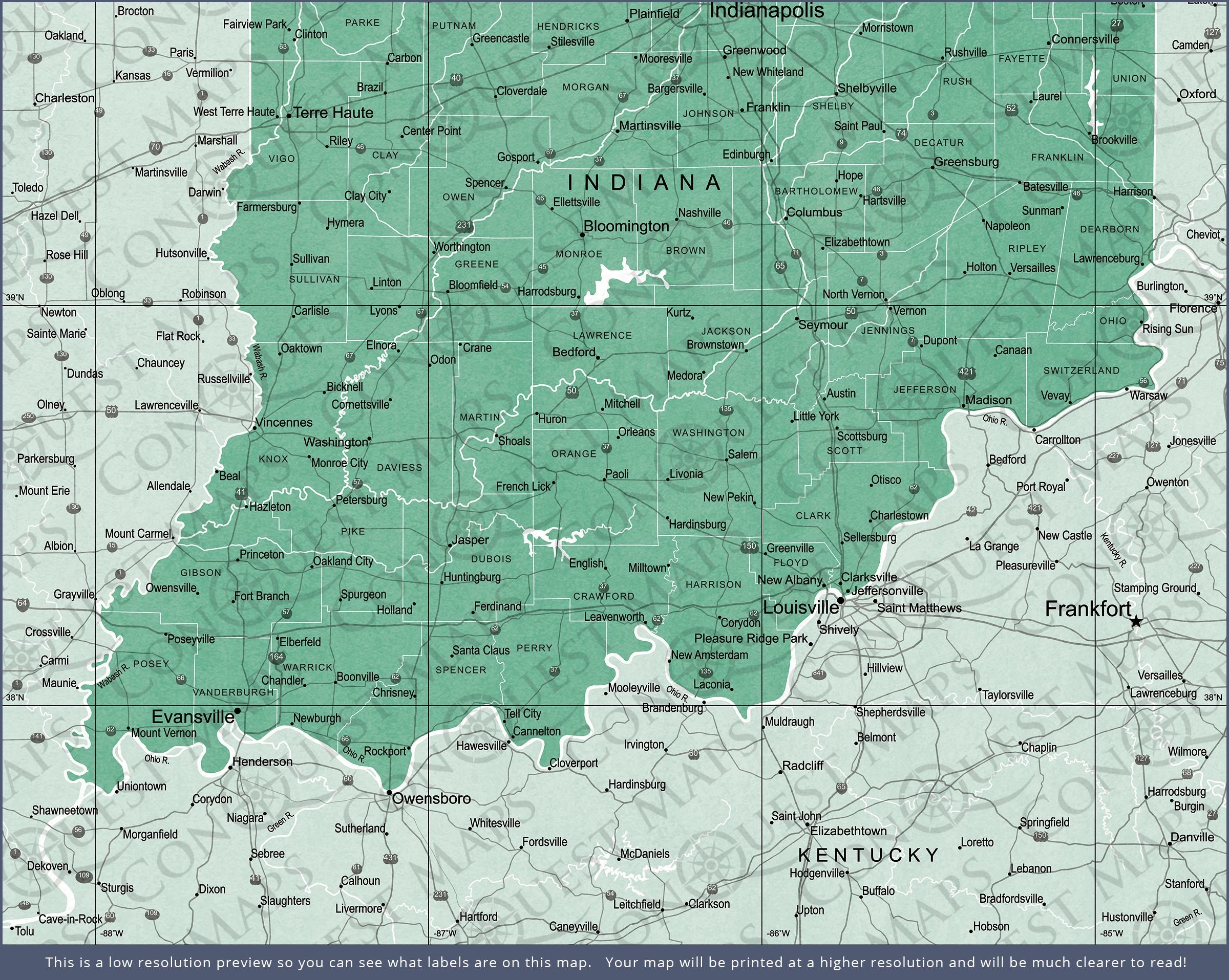 Indiana Map Poster - Green Color Splash CM Poster