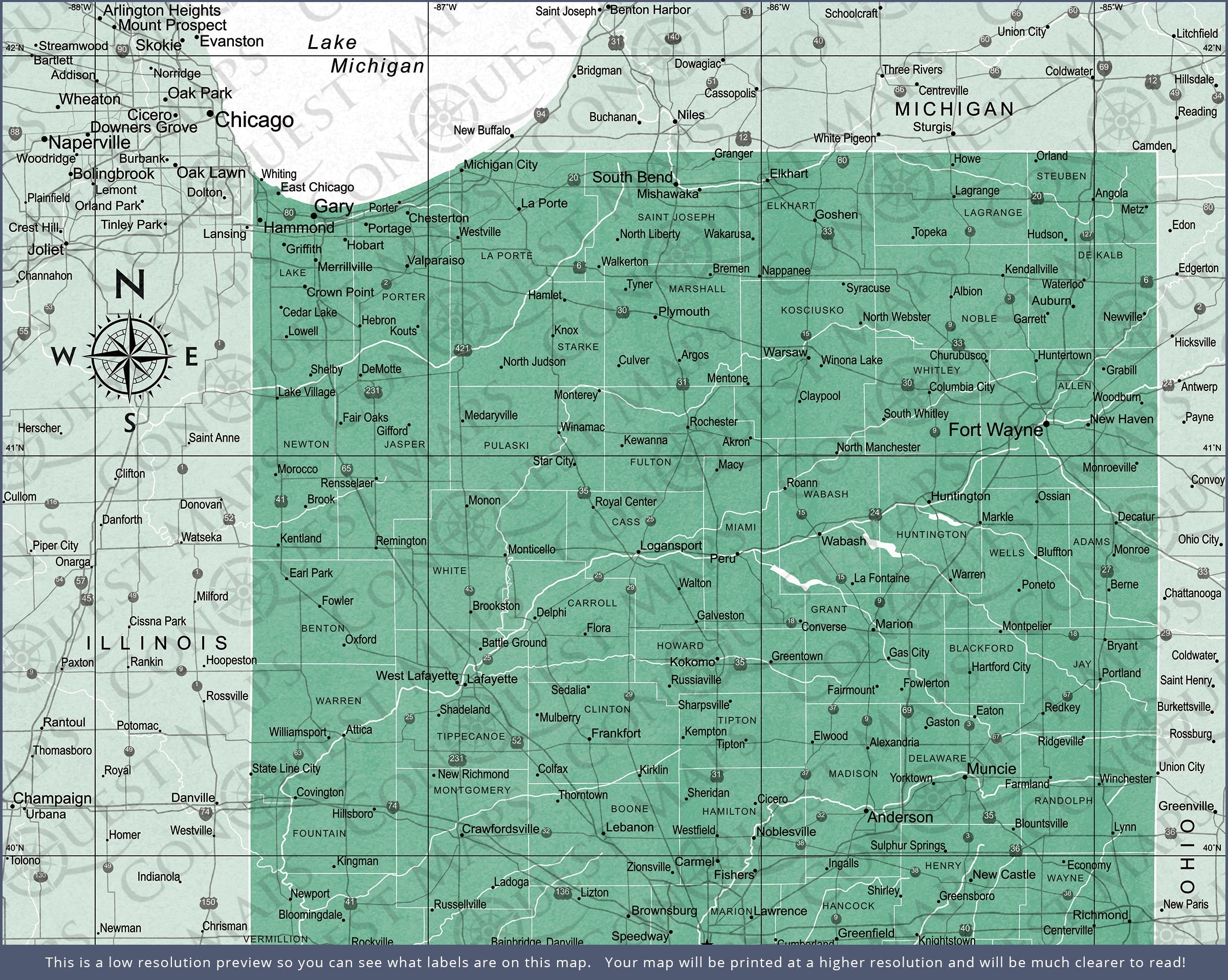 Push Pin Indiana Map (Pin Board) - Green Color Splash CM Pin Board