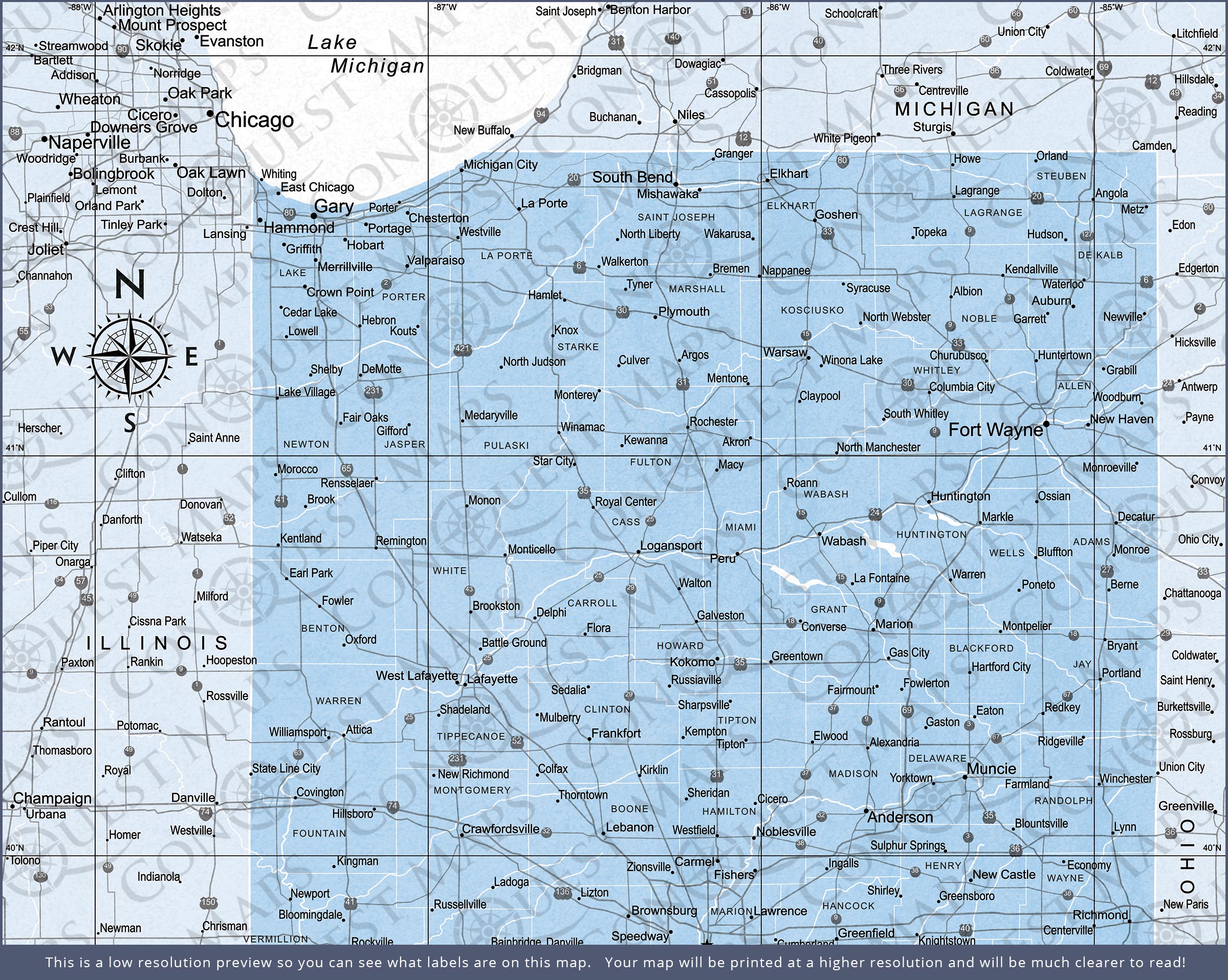 Push Pin Indiana Map (Pin Board) - Light Blue Color Splash CM Pin Board