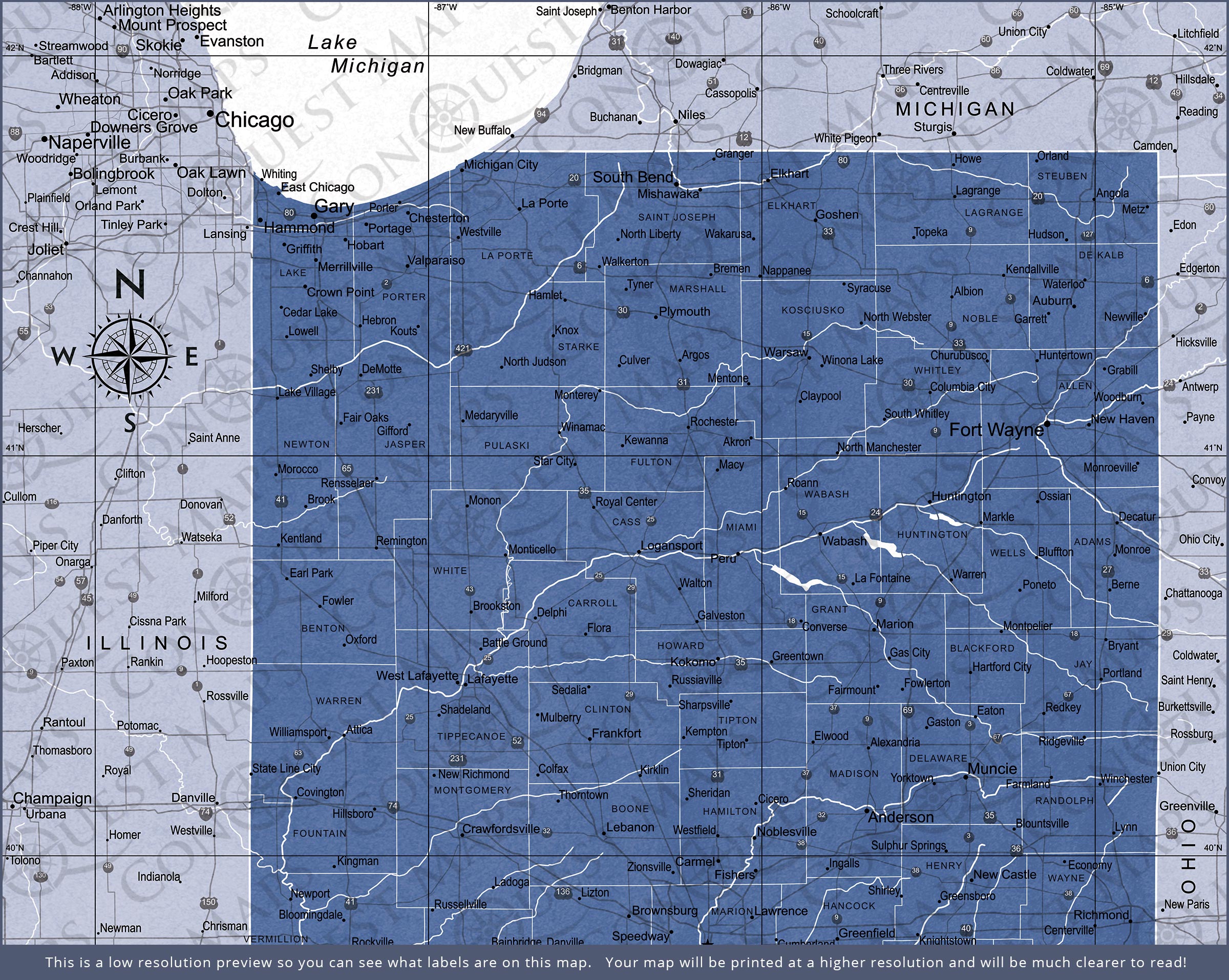 Indiana Map Poster - Navy Color Splash CM Poster