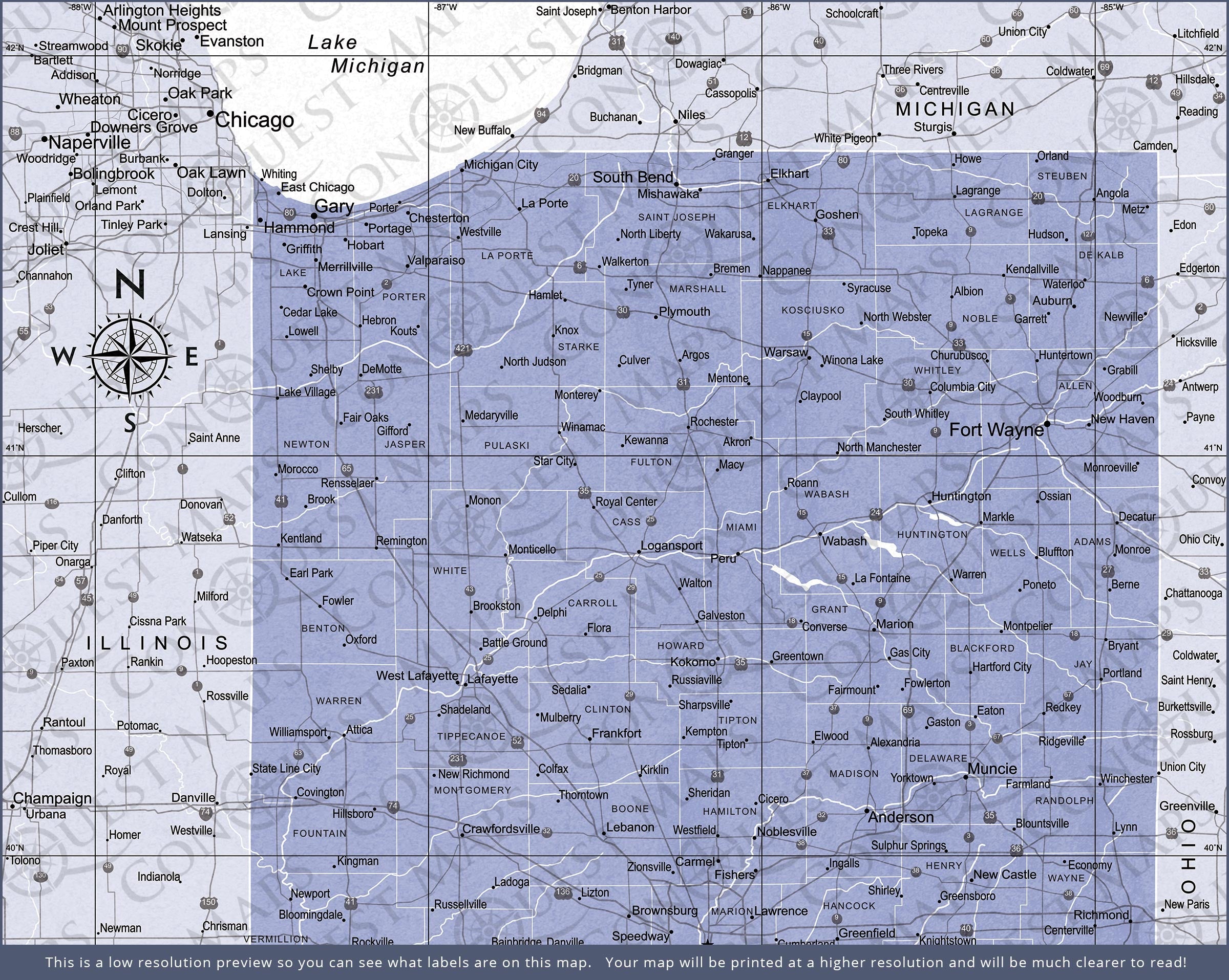 Push Pin Indiana Map (Pin Board) - Purple Color Splash CM Pin Board