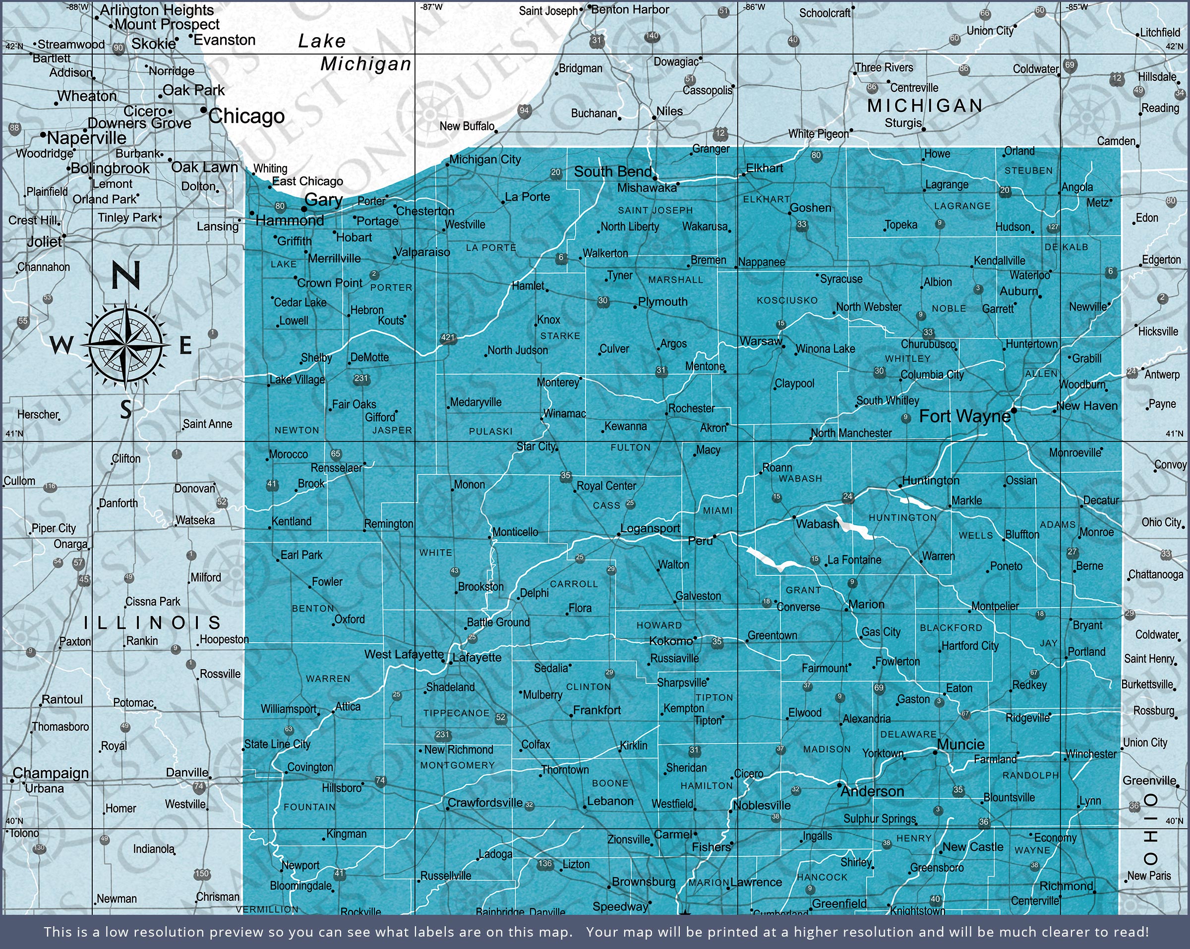 Push Pin Indiana Map (Pin Board) - Teal Color Splash CM Pin Board