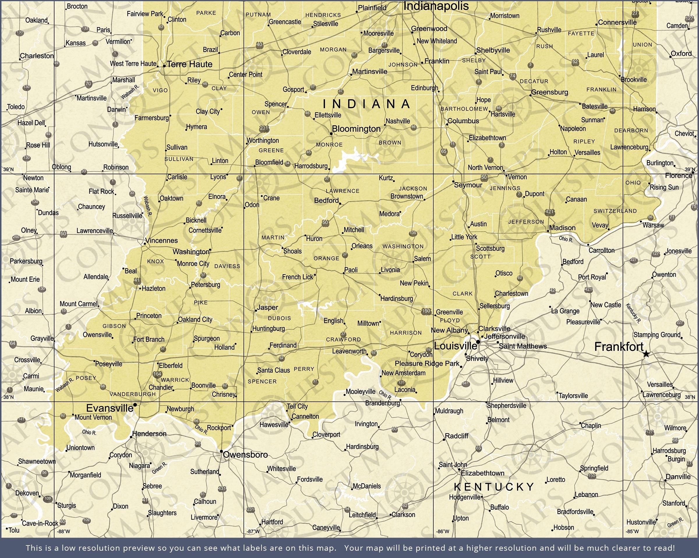 Push Pin Indiana Map (Pin Board) - Yellow Color Splash CM Pin Board