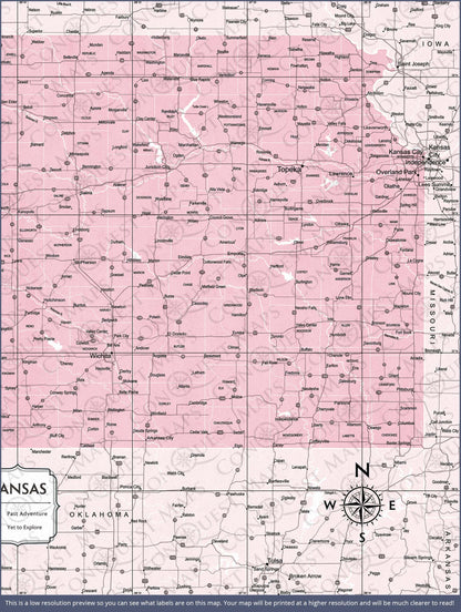 Push Pin Kansas Map (Pin Board) - Pink Color Splash CM Pin Board