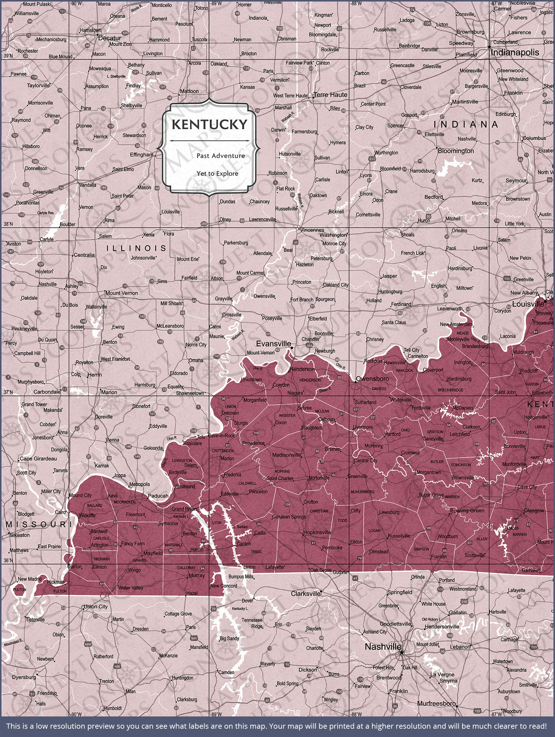 Push Pin Kentucky Map (Pin Board) - Burgundy Color Splash CM Pin Board