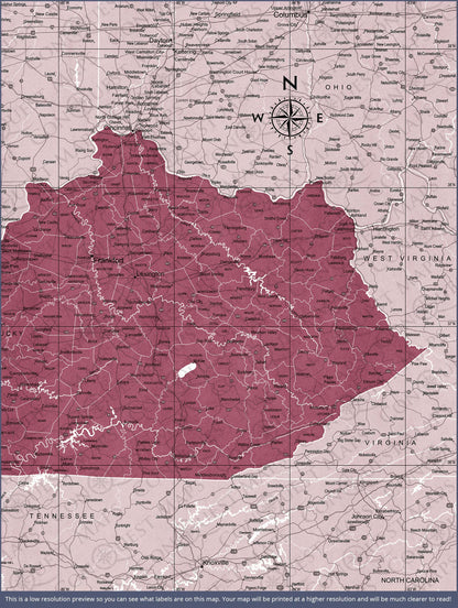 Kentucky Map Poster - Burgundy Color Splash CM Poster