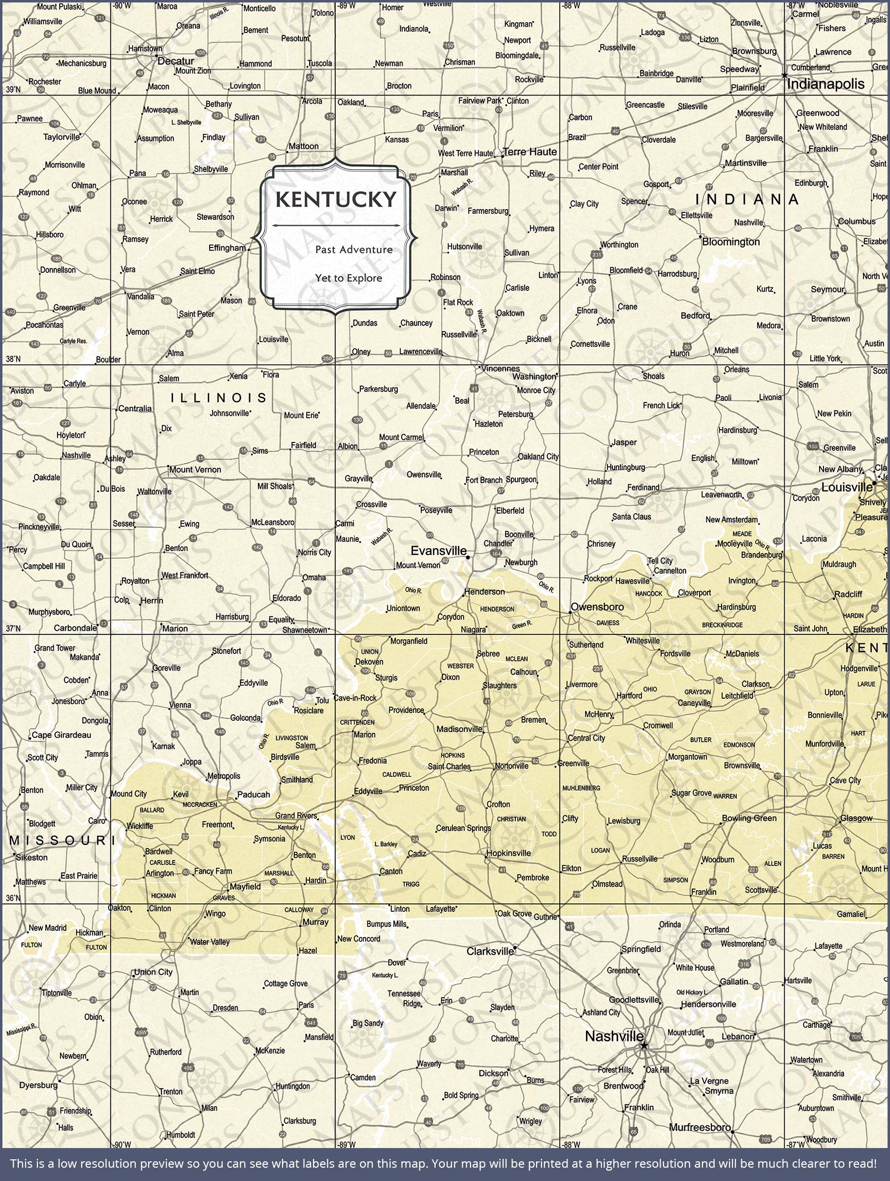 Kentucky Map Poster - Yellow Color Splash CM Poster