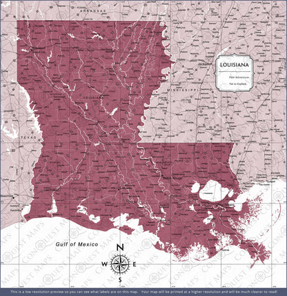 Louisiana Map Poster - Burgundy Color Splash CM Poster