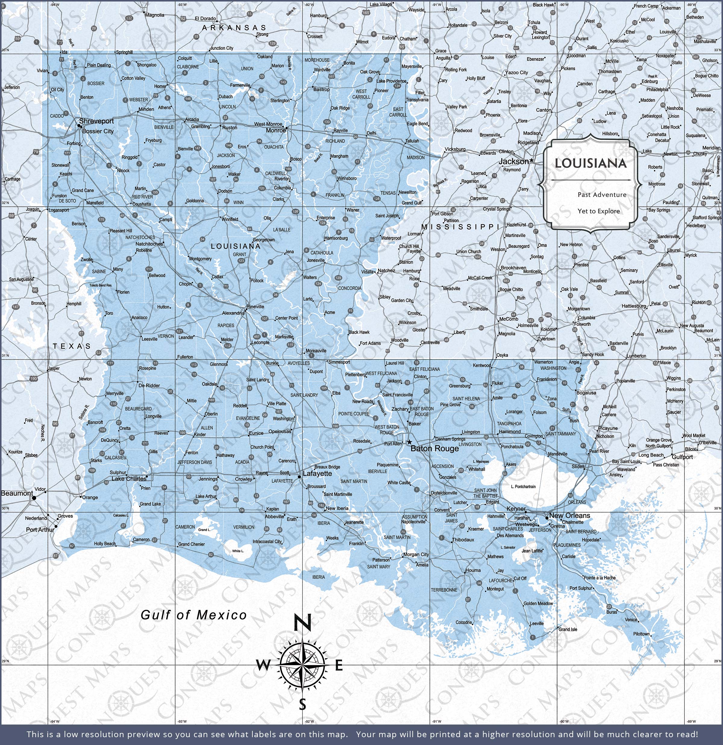 Louisiana Map Poster - Light Blue Color Splash CM Poster