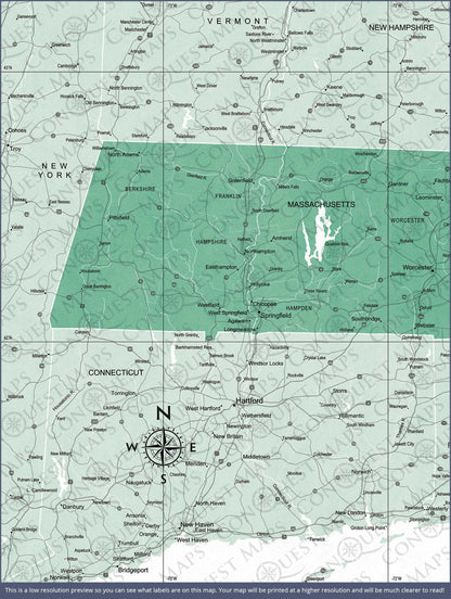 Push Pin Massachusetts Map (Pin Board) - Green Color Splash CM Pin Board