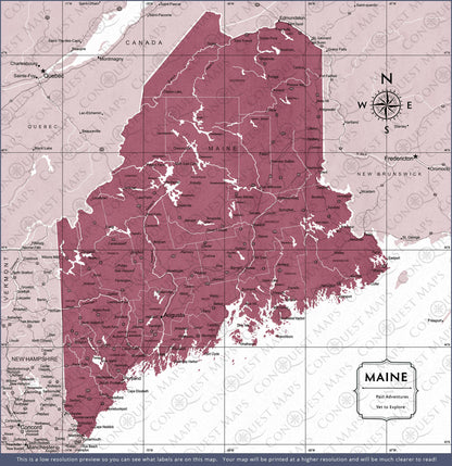 Push Pin Maine Map (Pin Board) - Burgundy Color Splash CM Pin Board