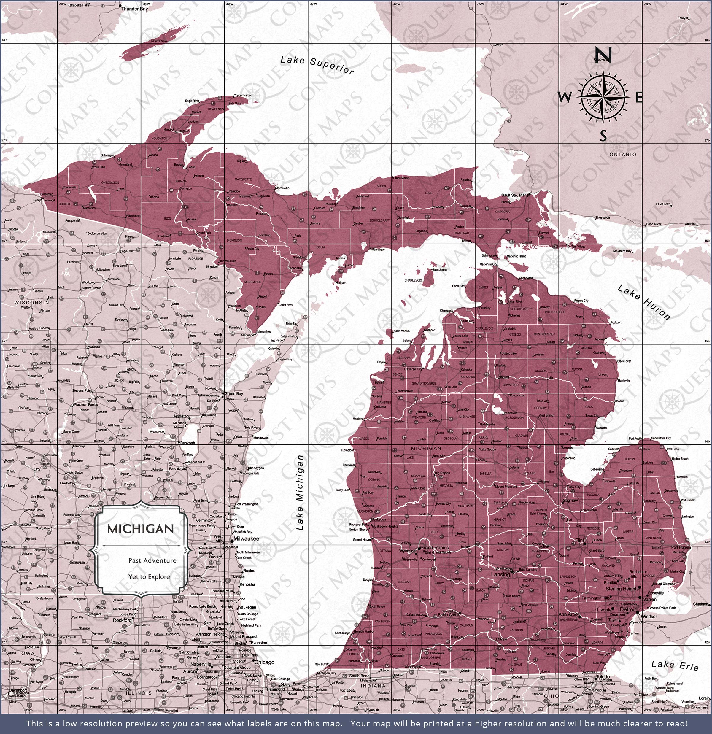 Push Pin Michigan Map (Pin Board) - Burgundy Color Splash CM Pin Board