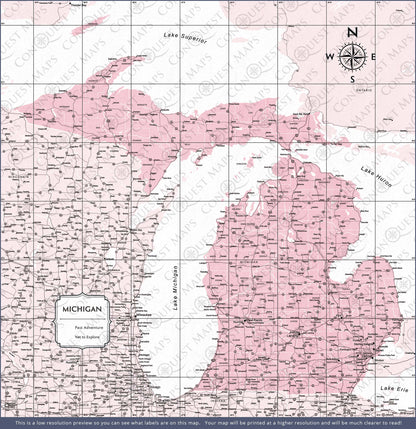 Push Pin Michigan Map (Pin Board) - Pink Color Splash CM Pin Board