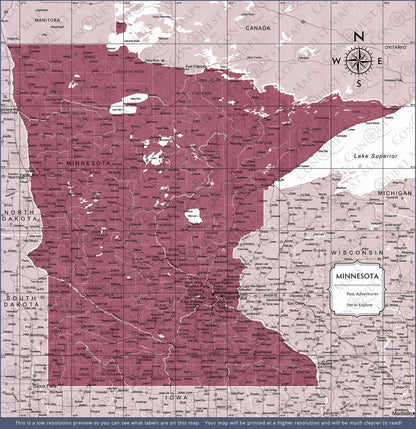 Minnesota Map Poster - Burgundy Color Splash CM Poster