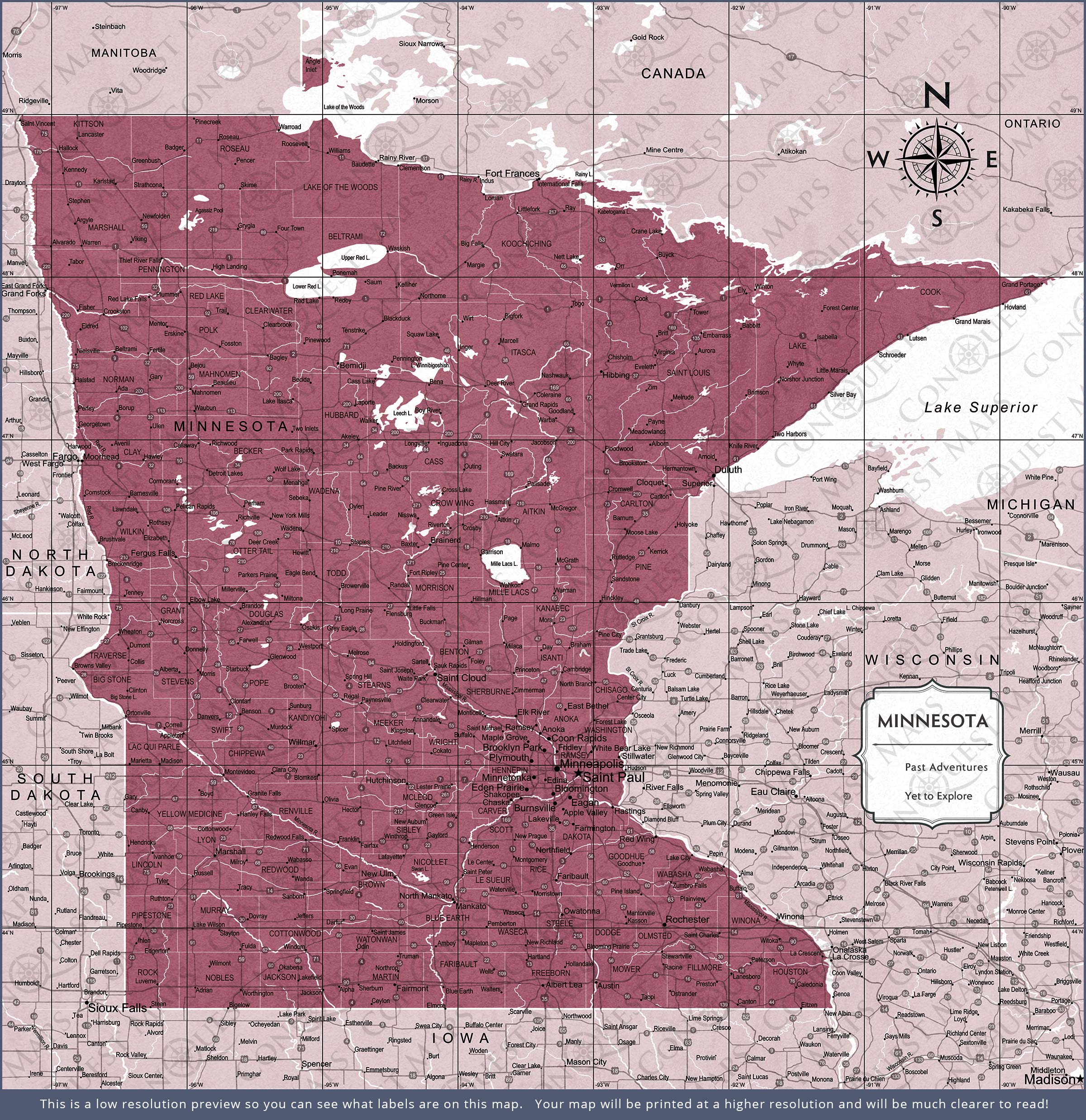 Push Pin Minnesota Map (Pin Board) - Burgundy Color Splash CM Pin Board