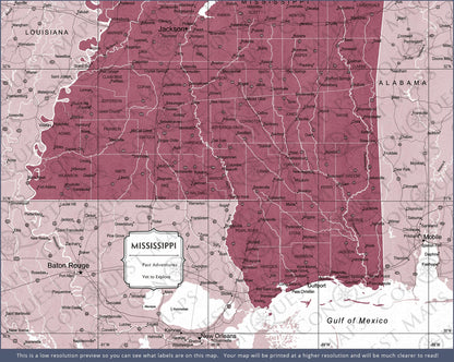 Mississippi Map Poster - Burgundy Color Splash CM Poster