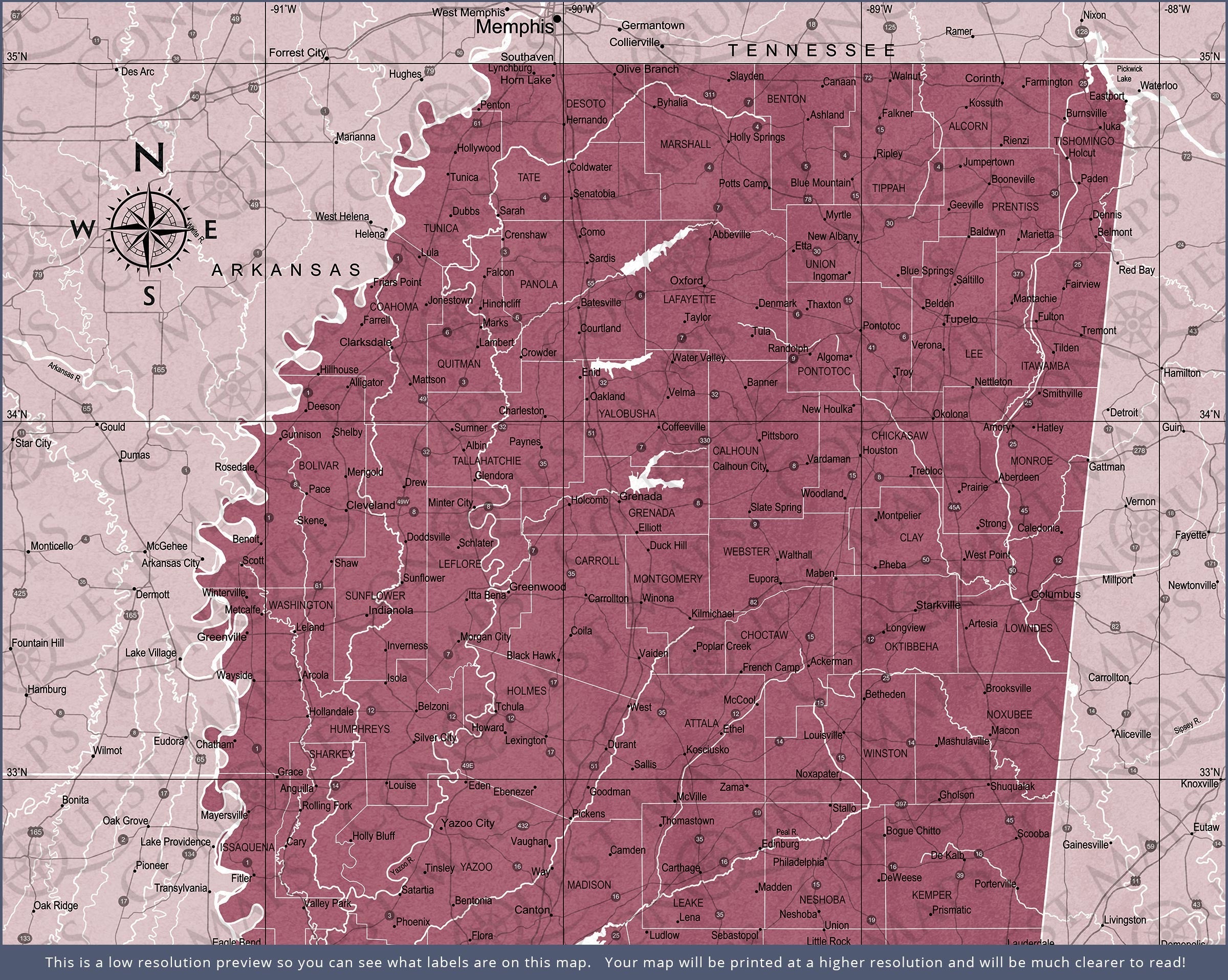 Push Pin Mississippi Map (Pin Board) - Burgundy Color Splash CM Pin Board