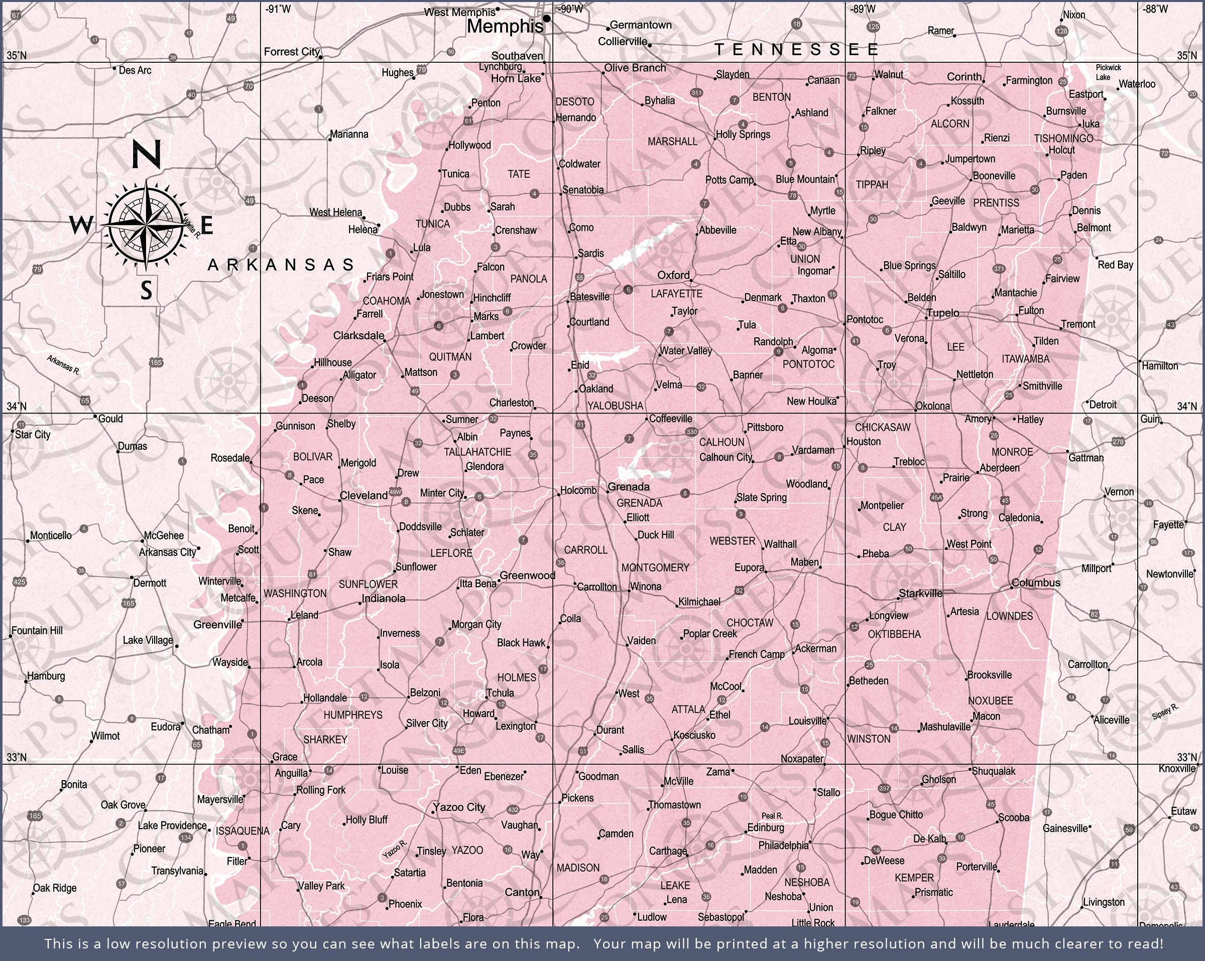 Mississippi Map Poster - Pink Color Splash CM Poster