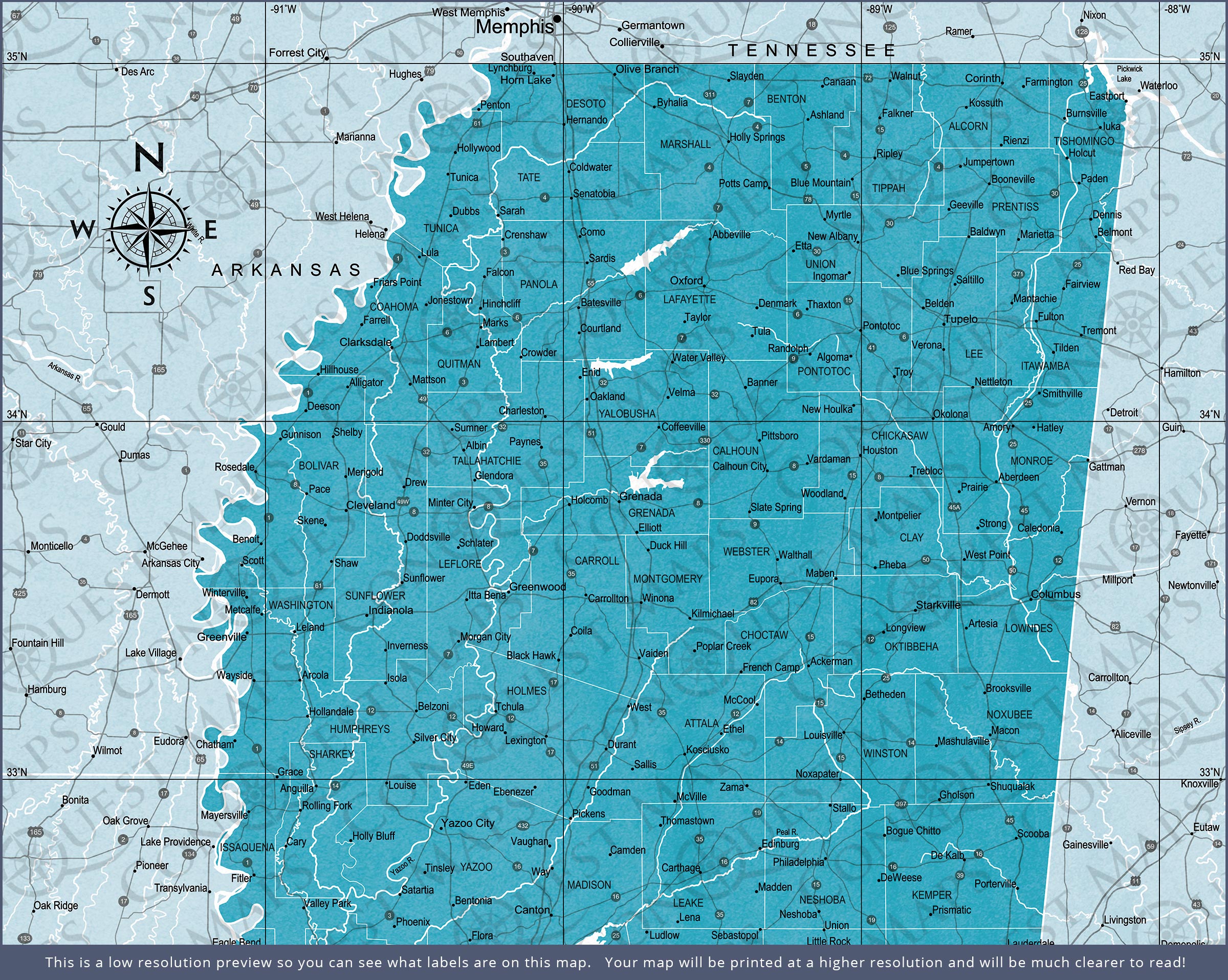 Mississippi Map Poster - Teal Color Splash CM Poster