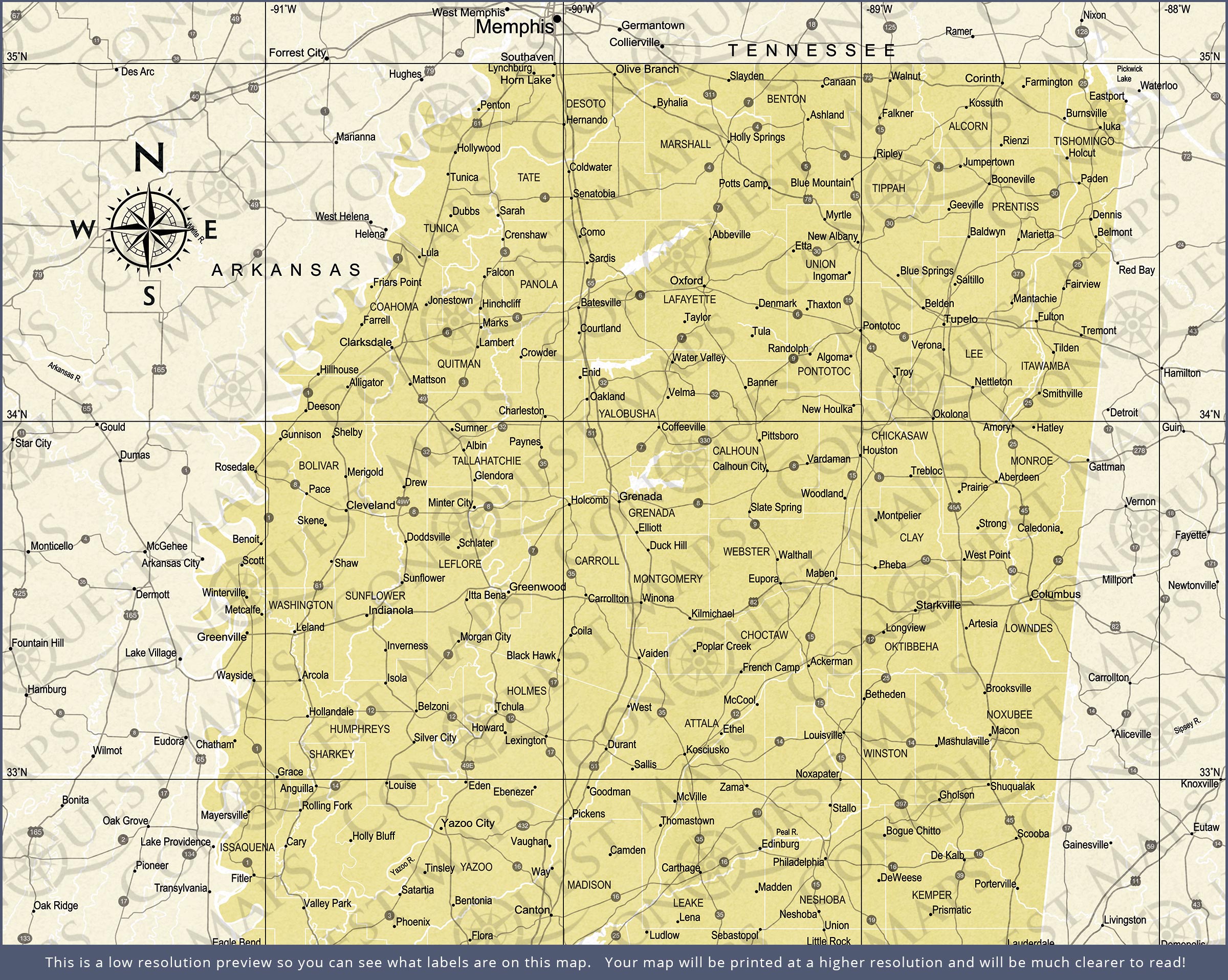 Push Pin Mississippi Map (Pin Board) - Yellow Color Splash CM Pin Board