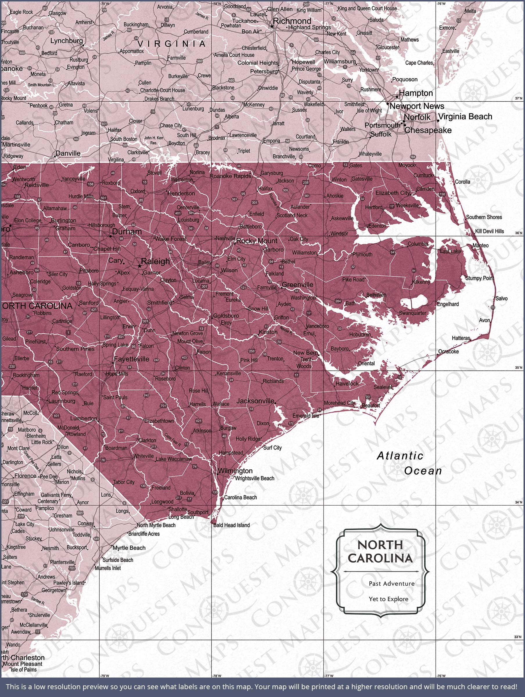 North Carolina Map Poster - Burgundy Color Splash CM Poster