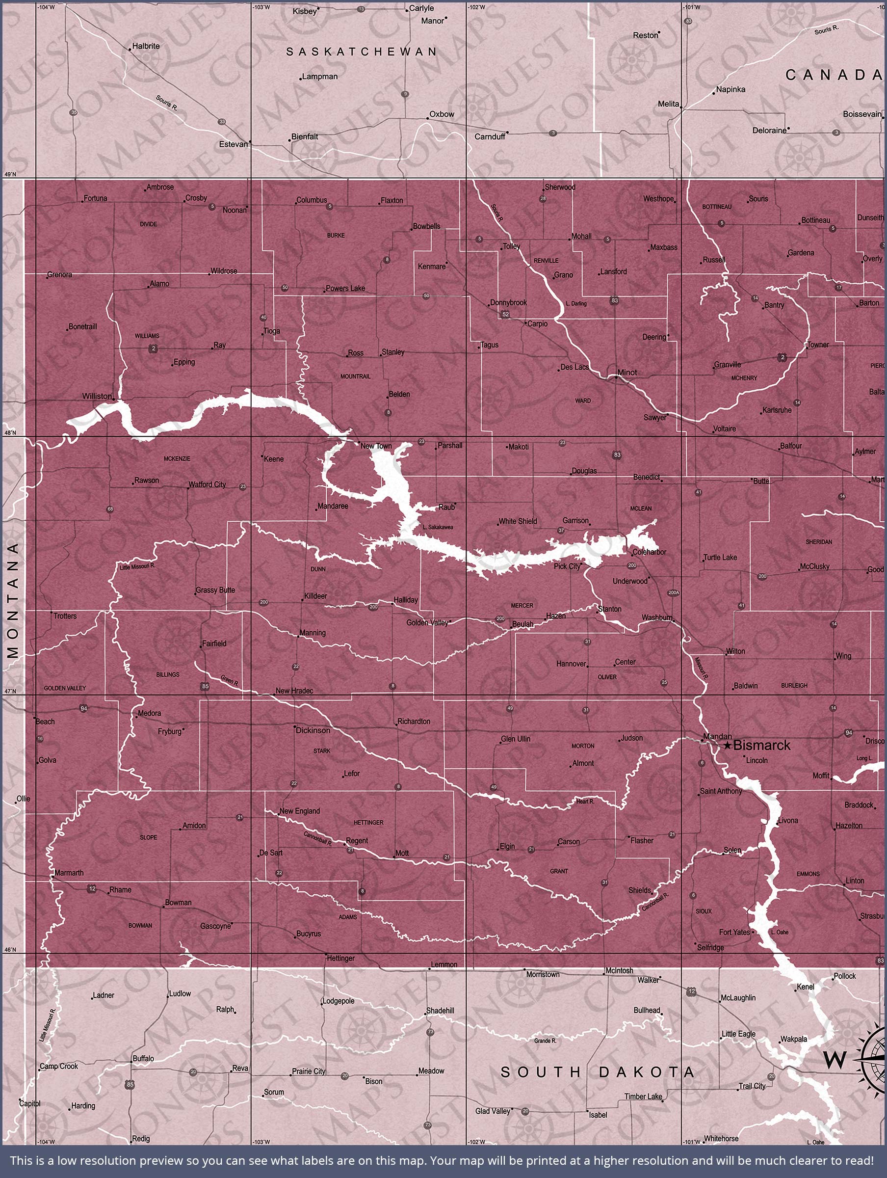 North Dakota Map Poster - Burgundy Color Splash CM Poster