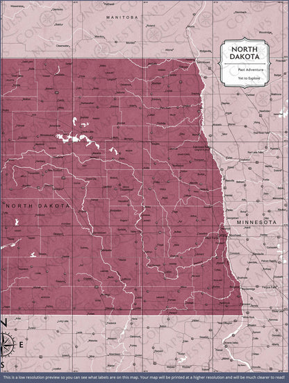 North Dakota Map Poster - Burgundy Color Splash CM Poster