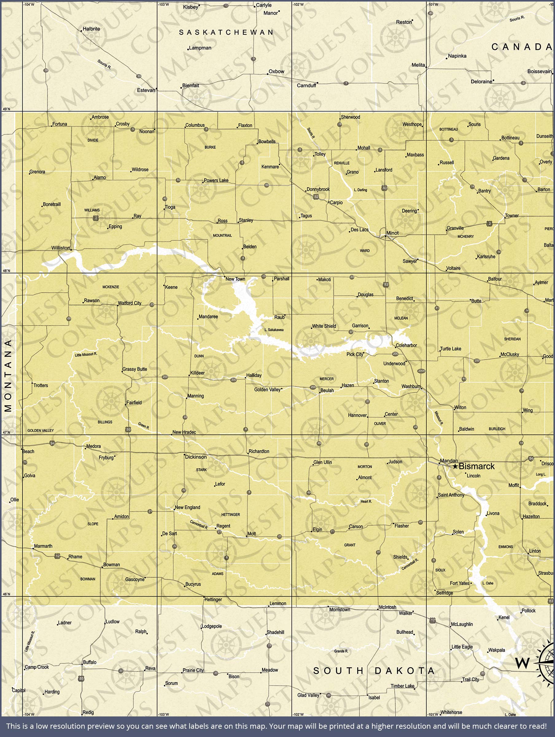 North Dakota Map Poster - Yellow Color Splash CM Poster