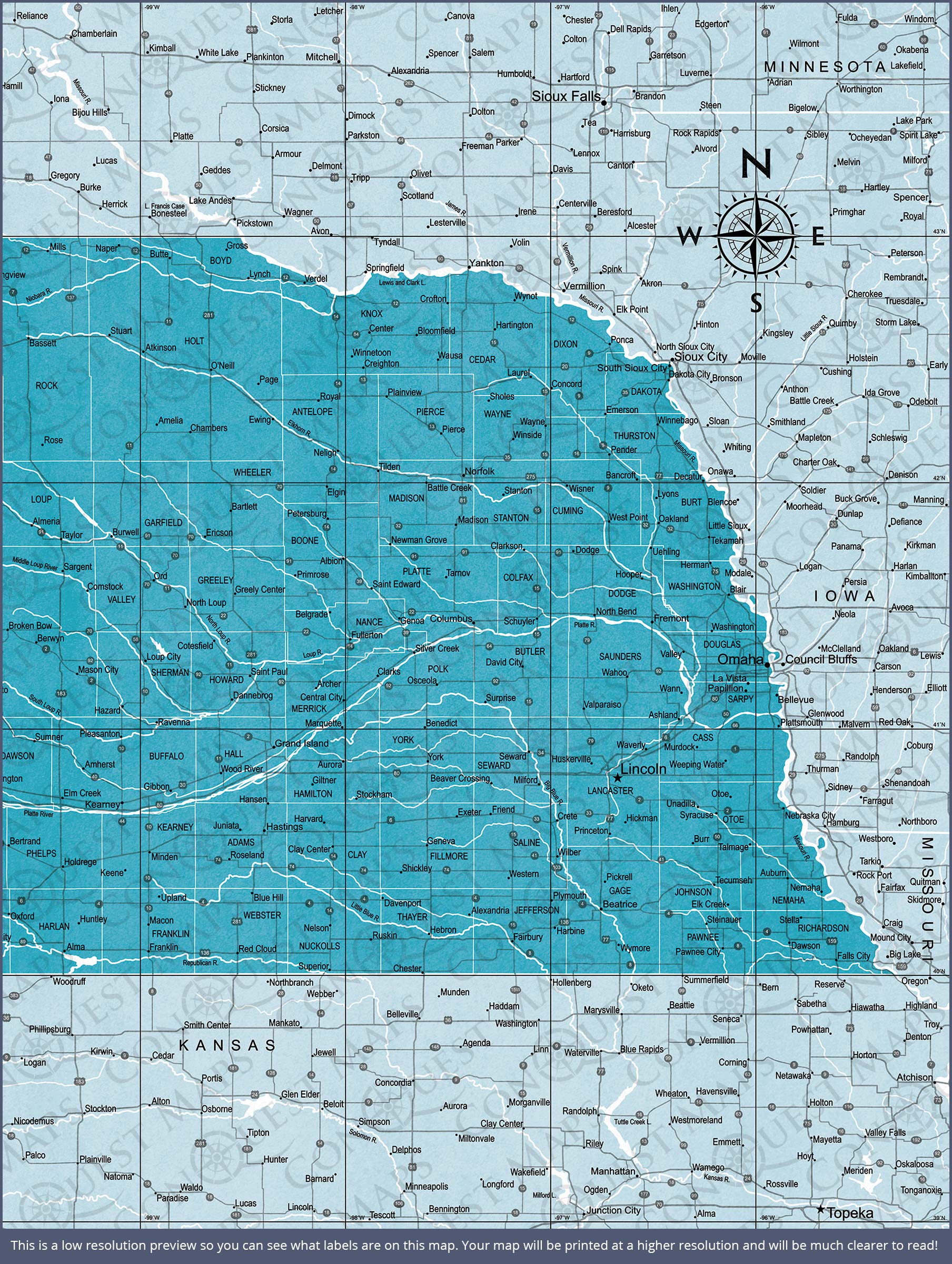 Nebraska Map Poster - Teal Color Splash CM Poster