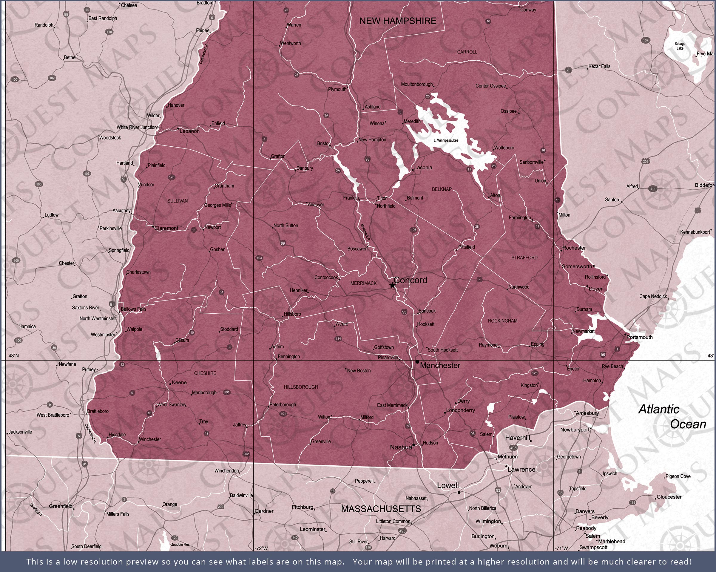 New Hampshire Map Poster - Burgundy Color Splash CM Poster