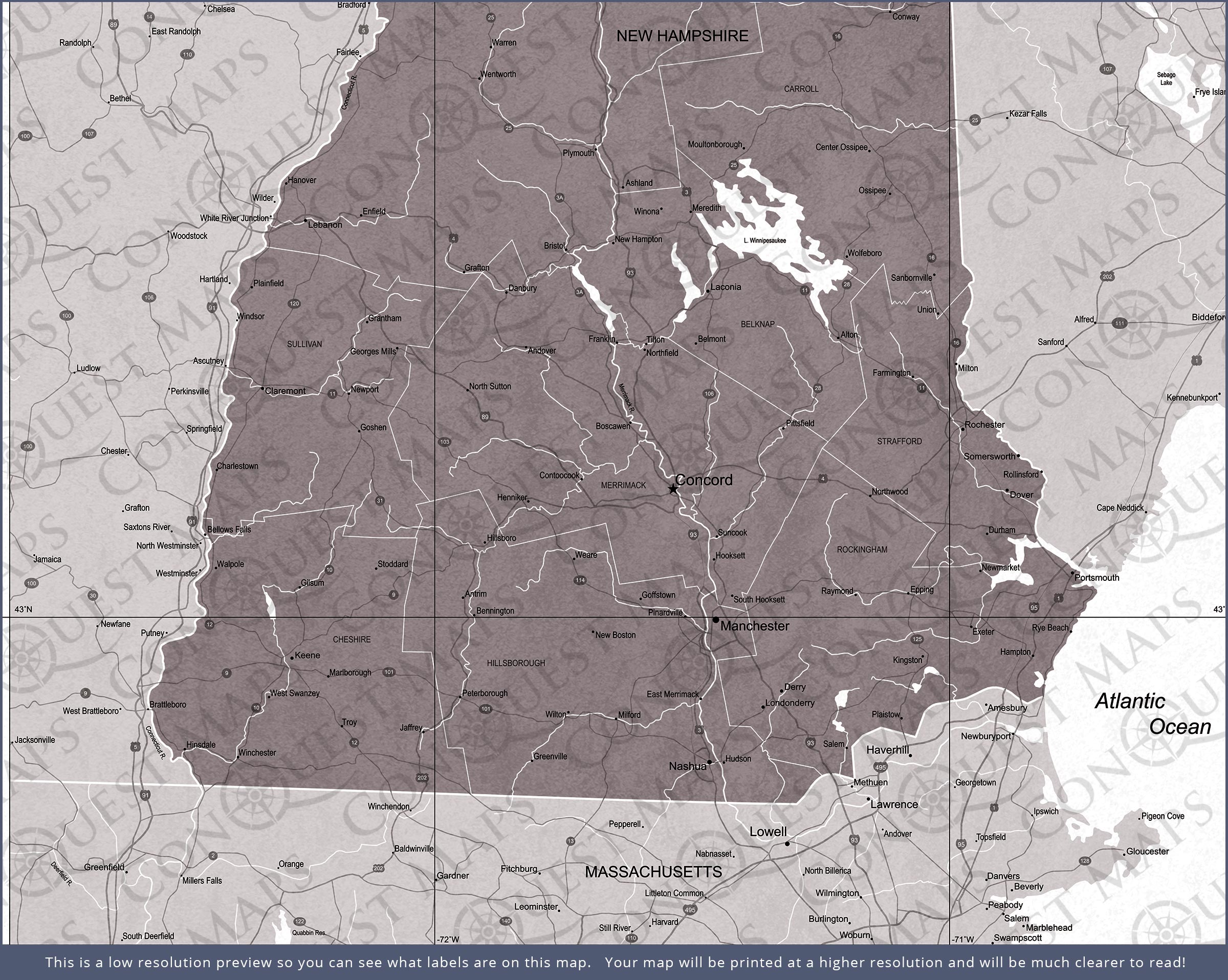 New Hampshire Map Poster - Dark Brown Color Splash CM Poster