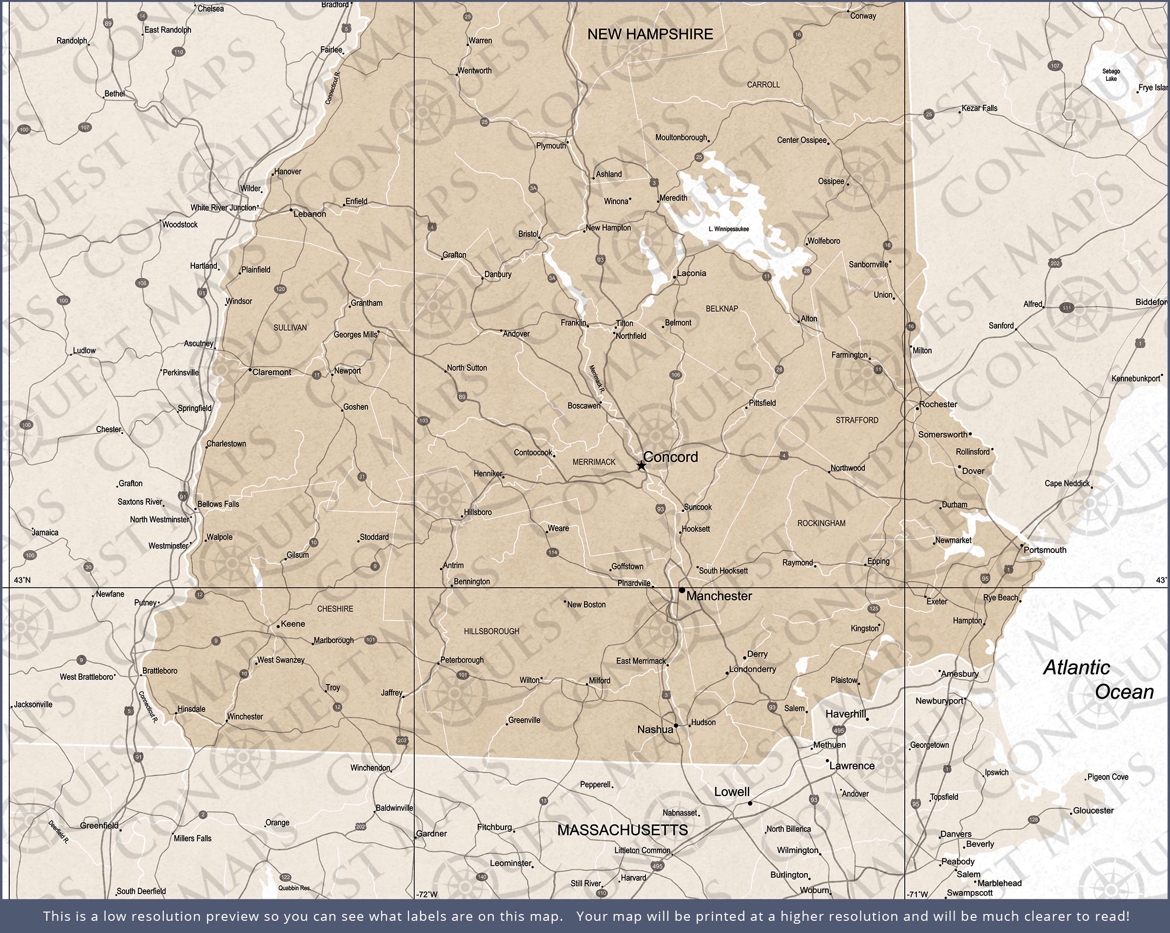 New Hampshire Map Poster - Light Brown Color Splash CM Poster