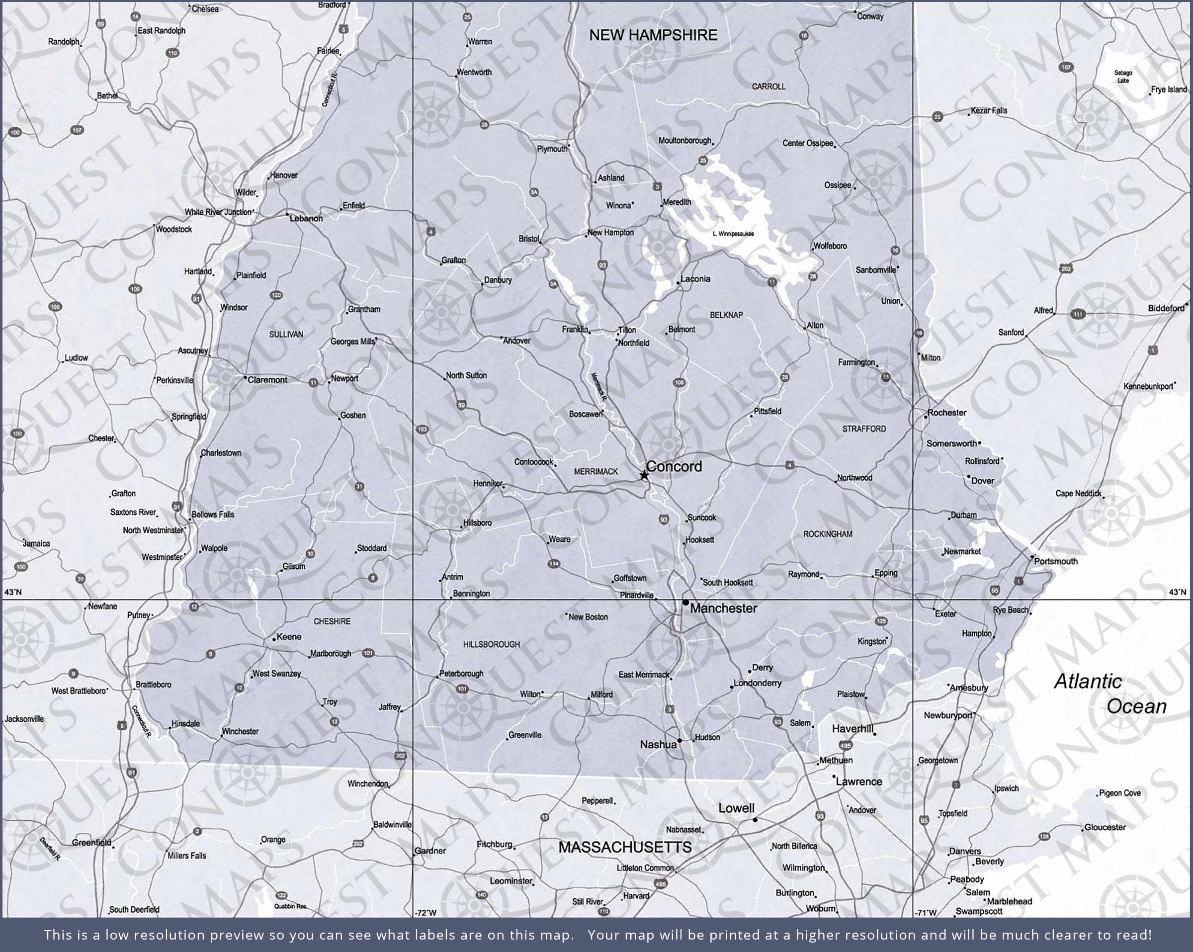 New Hampshire Map Poster - Light Gray Color Splash CM Poster