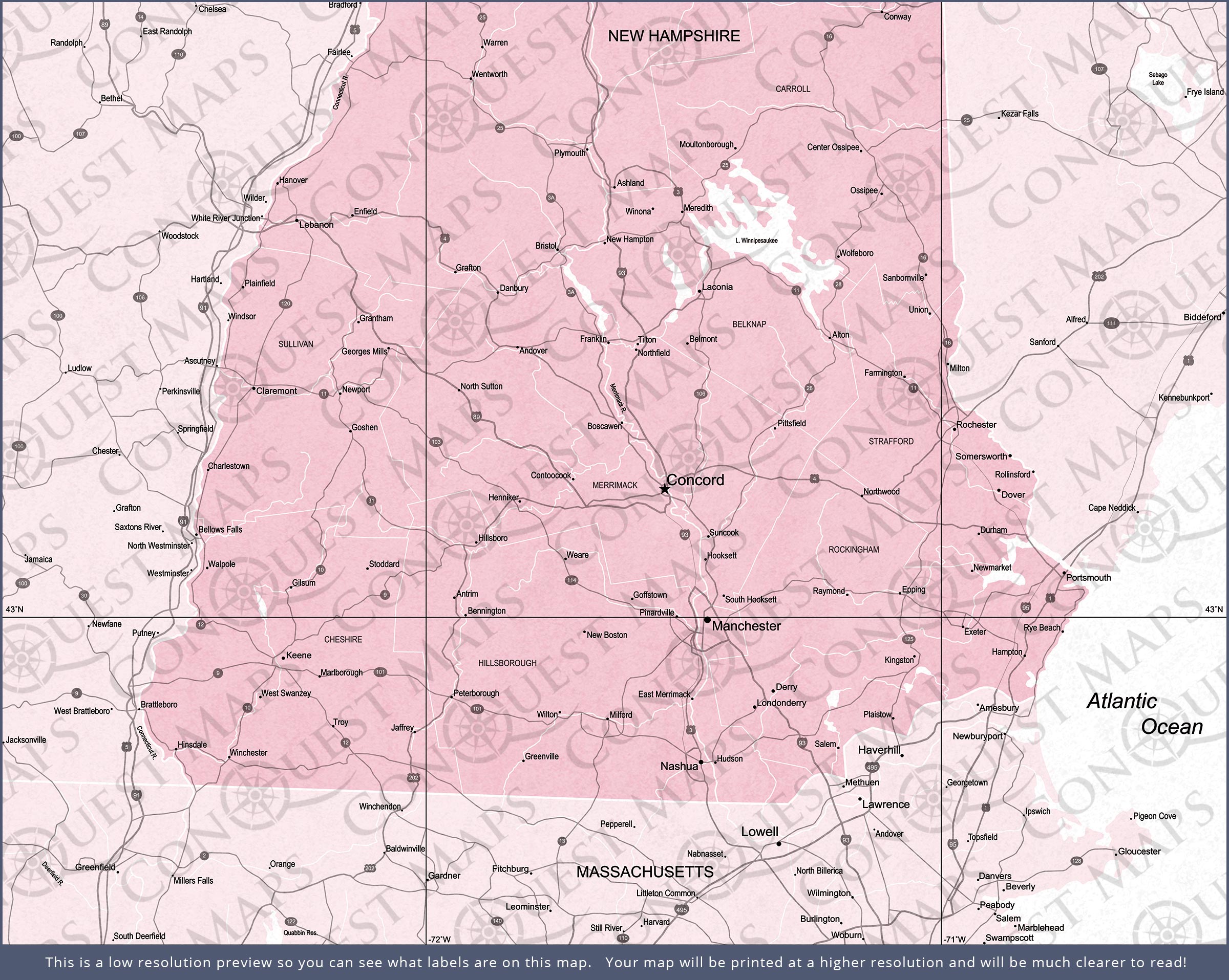 New Hampshire Map Poster - Pink Color Splash CM Poster