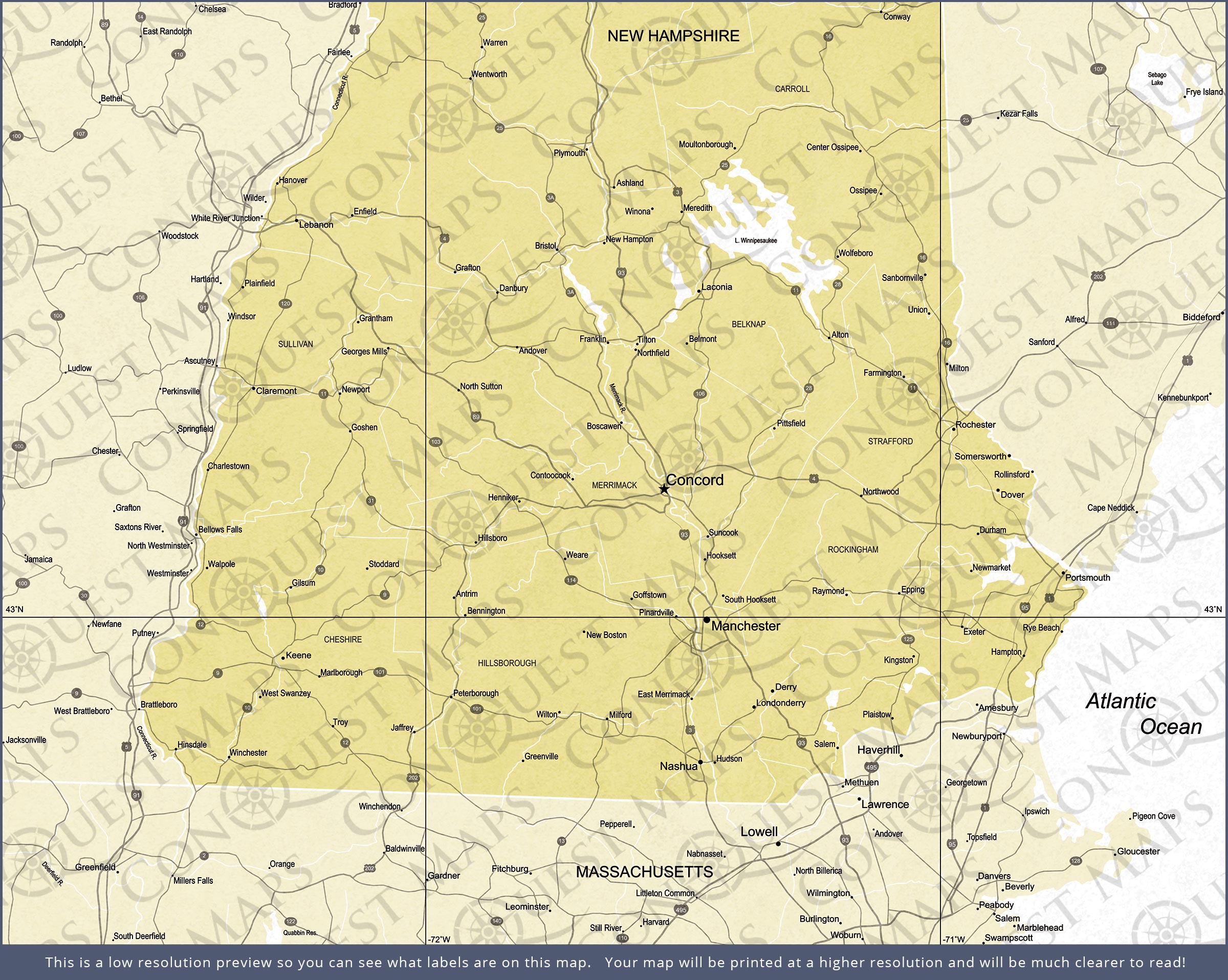 Push Pin New Hampshire Map (Pin Board) - Yellow Color Splash CM Pin Board